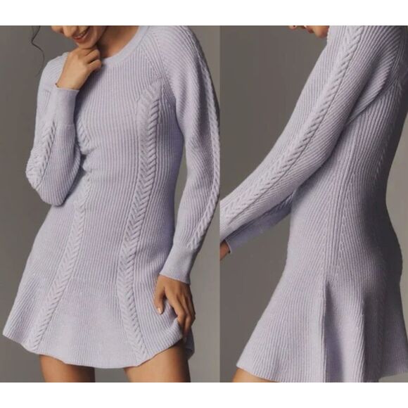 ~ NEW! XL Anthropologie Knit Sweater Dress Skater Mini Lavender Long Sleeve NWT - Picture 1 of 16